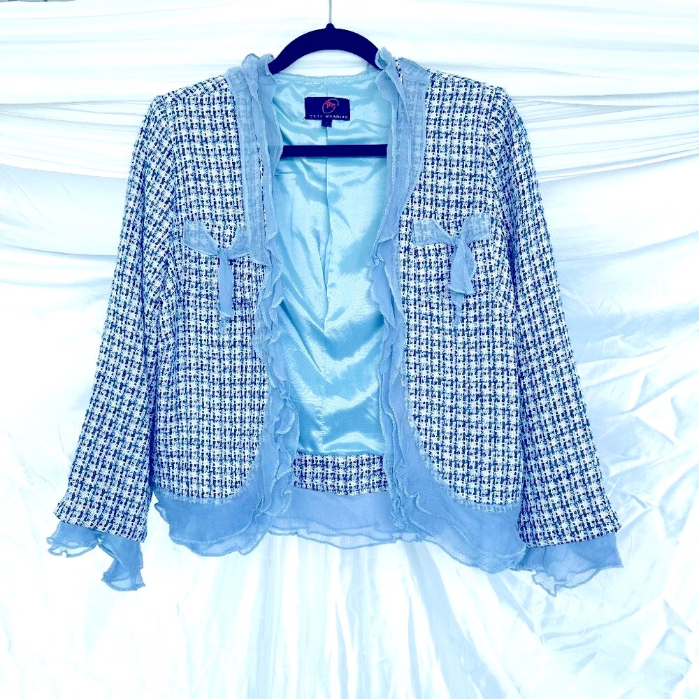 True Meaning Blue & White Tweed Cropped Jacket with Sheer Blue Fabric Accents